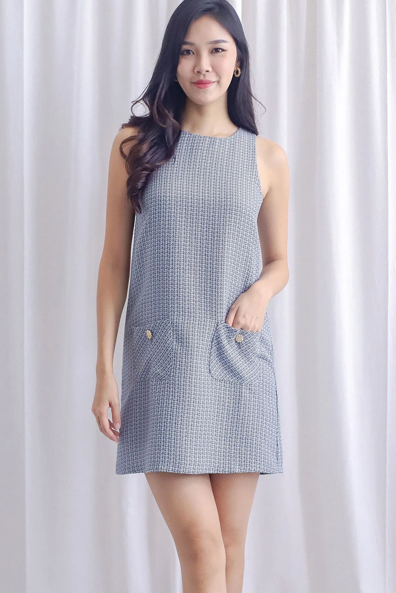 Monalise Tweed Button Pocket Shift Dress In Black Grey