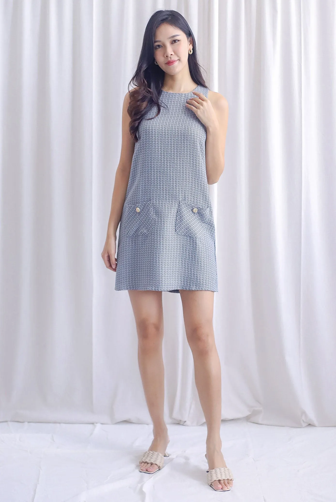 Monalise Tweed Button Pocket Shift Dress In Black Grey