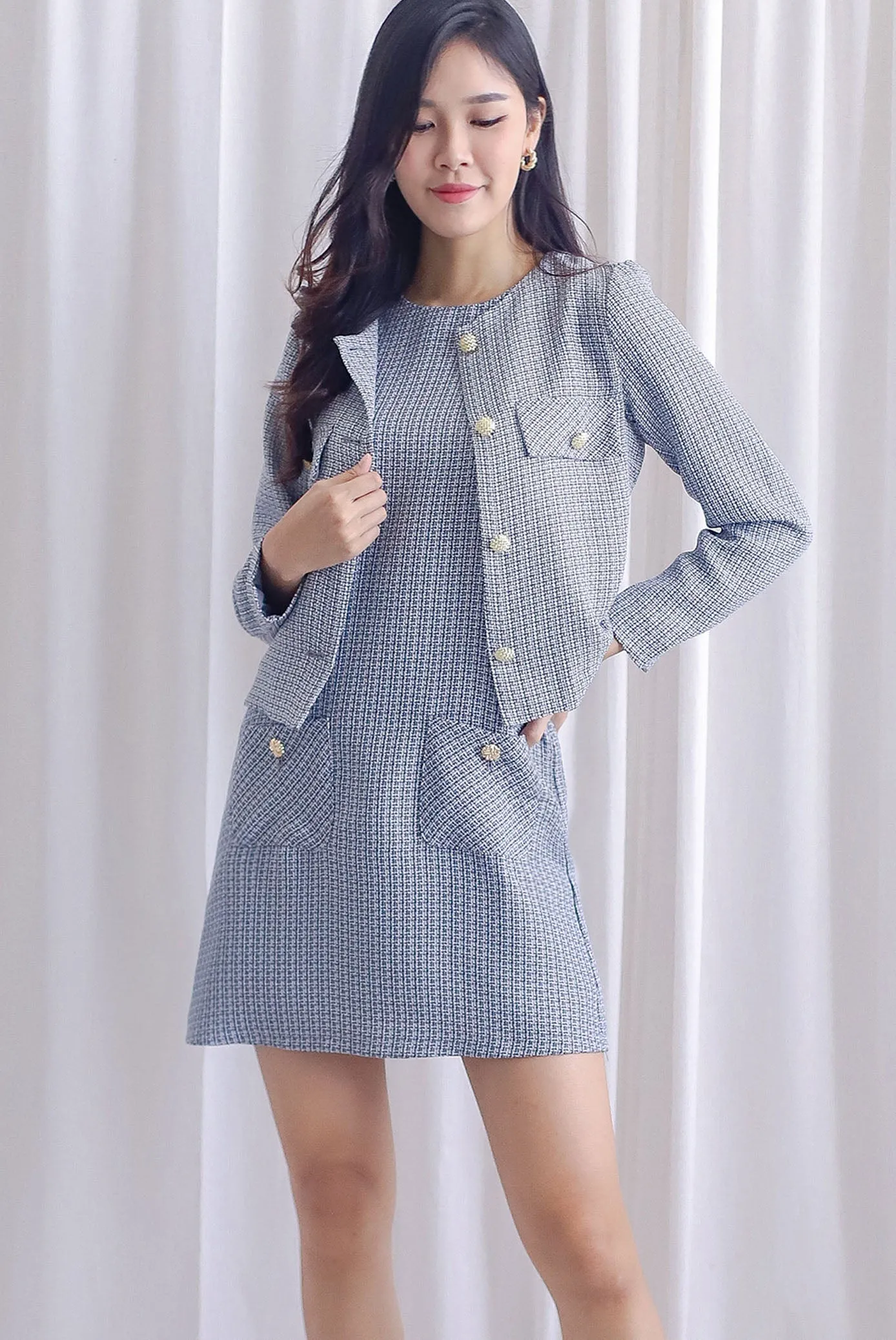 Monalise Tweed Button Pocket Shift Dress In Black Grey