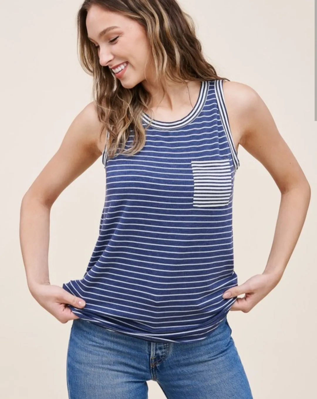 Navy & Ivory Sleeveless Terry Stripe Top