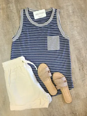 Navy & Ivory Sleeveless Terry Stripe Top