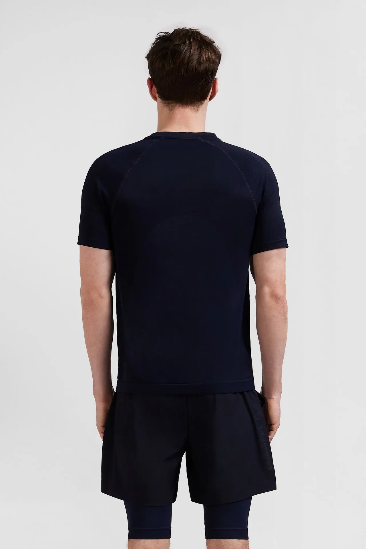 Navy blue short-sleeved sports T-shirt with striped details