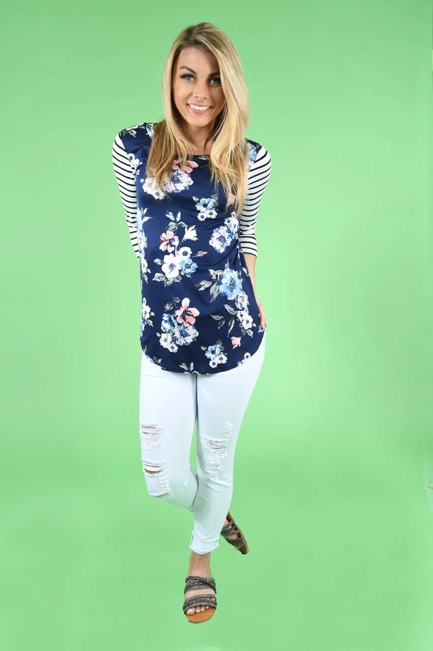 Navy Striped Floral Top