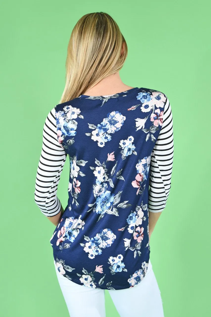 Navy Striped Floral Top
