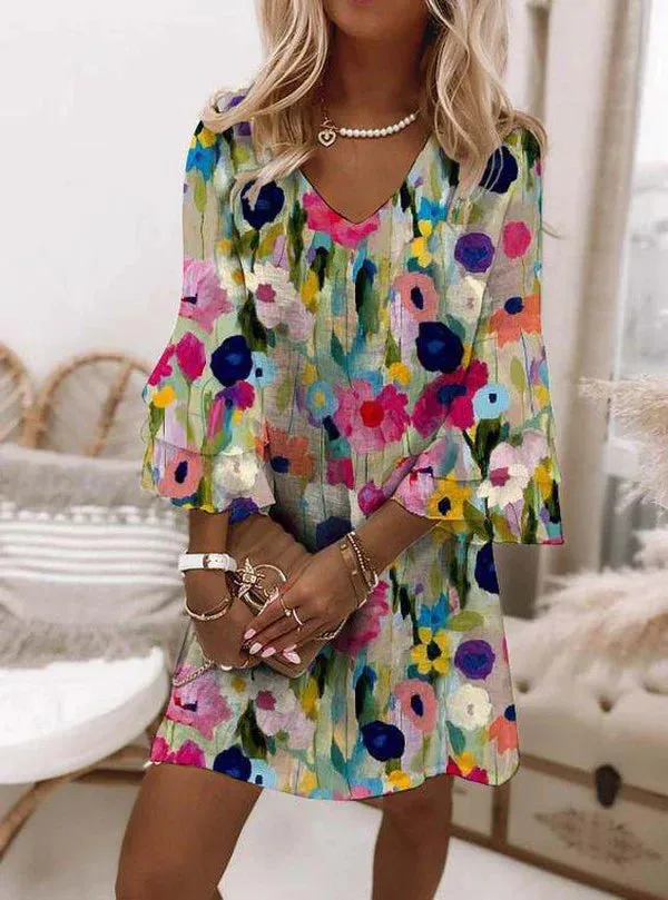 New Bovuf Romantic Floral Print V-Neck Dress Sz L! Retails $55 