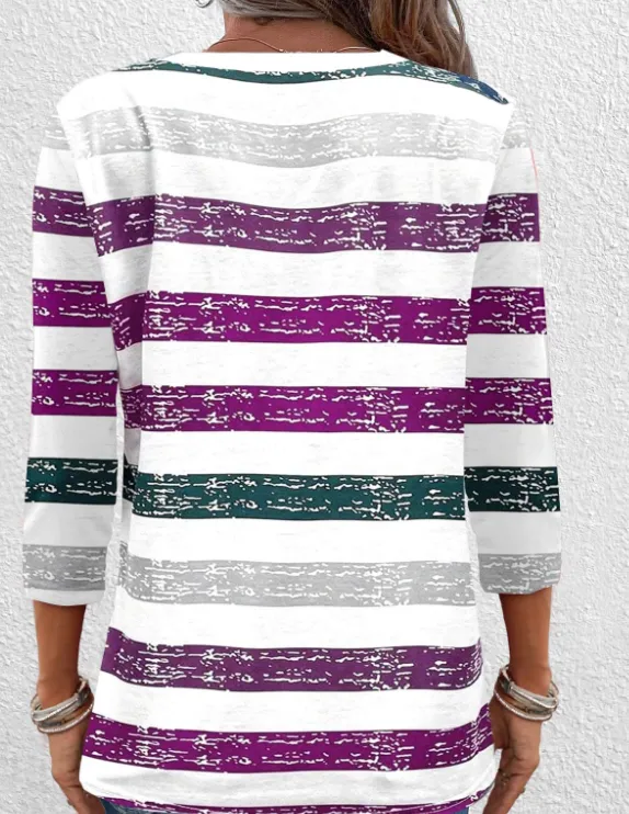 NEW Dark Purple Button Multi Stripe Print T Shirt, Sz L