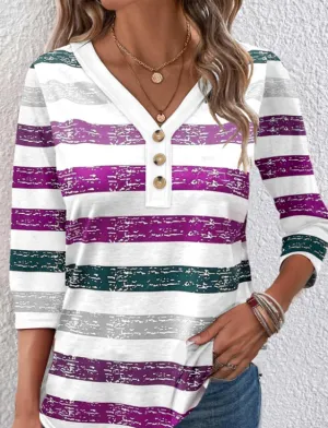 NEW Dark Purple Button Multi Stripe Print T Shirt, Sz L