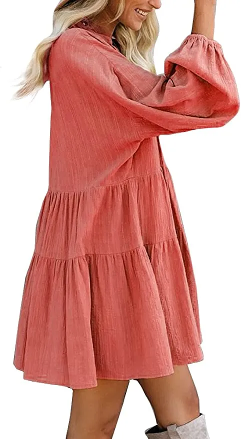 New FANCYINN Women’s Cute Shift Dress with Pockets Fully Lined Bell Sleeve Ruffle Hem V Neck Loose Swing Tunic Mini Dress, Tangerine, Sz XL
