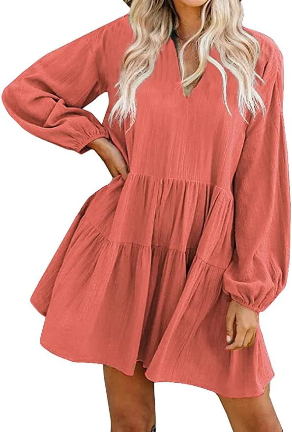 New FANCYINN Women’s Cute Shift Dress with Pockets Fully Lined Bell Sleeve Ruffle Hem V Neck Loose Swing Tunic Mini Dress, Tangerine, Sz XL