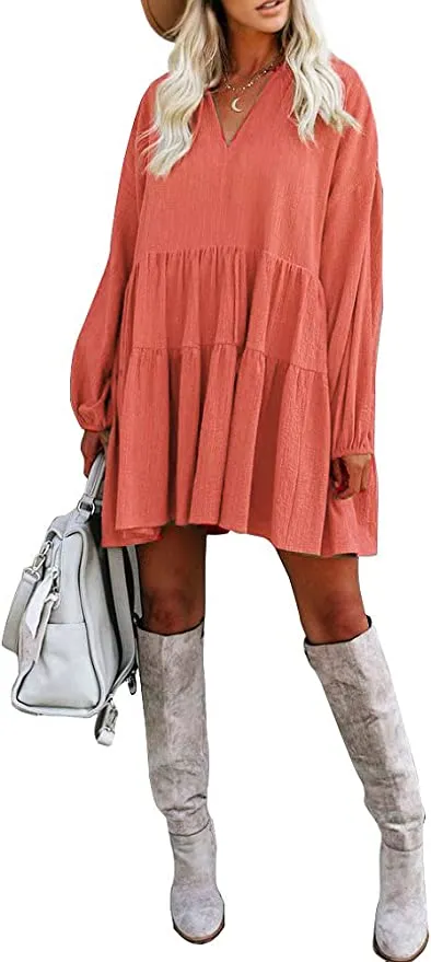 New FANCYINN Women’s Cute Shift Dress with Pockets Fully Lined Bell Sleeve Ruffle Hem V Neck Loose Swing Tunic Mini Dress, Tangerine, Sz XL