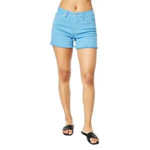 NEW JUDY BLUE mid rise fray hem denim short in blue