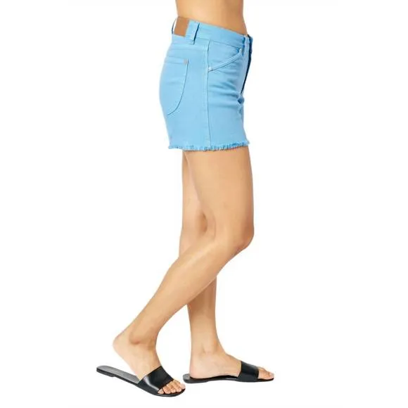 NEW JUDY BLUE mid rise fray hem denim short in blue