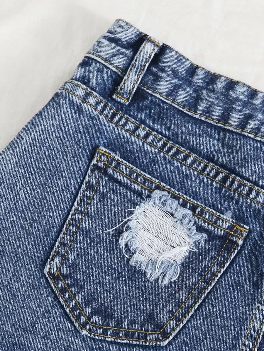 New Shein Raw Hem Ripped Denim Shorts, Sz XL