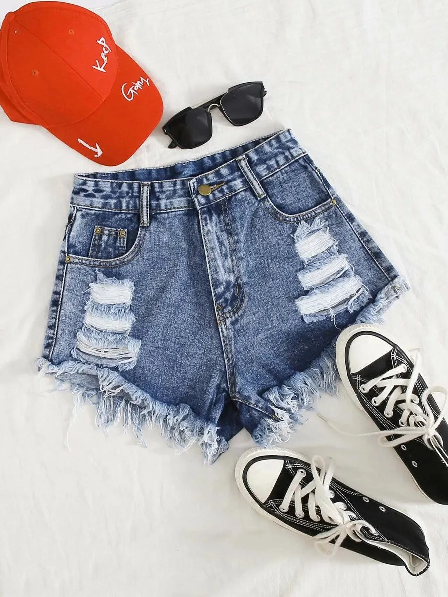 New Shein Raw Hem Ripped Denim Shorts, Sz XL