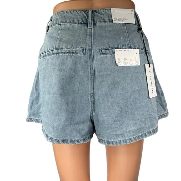 NEW WeWoreWhat Women's Blue Pleated Wide Leg High Waist Denim Shorts Size 25