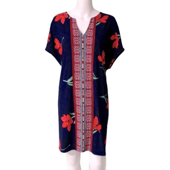 NWT CHAPS Navy Red Floral Print Shift Dress