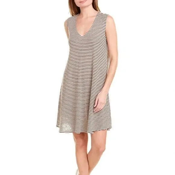 NWT Raffi 100% Linen Shift V-neck Sleeveless Dress in‎ Mocha Brown Stripe Medium