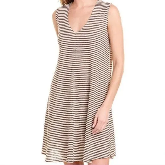 NWT Raffi 100% Linen Shift V-neck Sleeveless Dress in‎ Mocha Brown Stripe Medium
