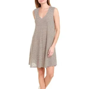 NWT Raffi 100% Linen Shift V-neck Sleeveless Dress in‎ Mocha Brown Stripe Medium