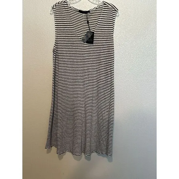 NWT Raffi 100% Linen Shift V-neck Sleeveless Dress in‎ Mocha Brown Stripe Medium