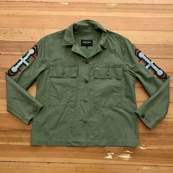 Obey No 89 lightweight Utility Jacket, shirt embroidered. Size L.