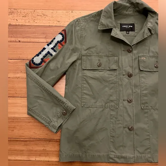 Obey No 89 lightweight Utility Jacket, shirt embroidered. Size L.