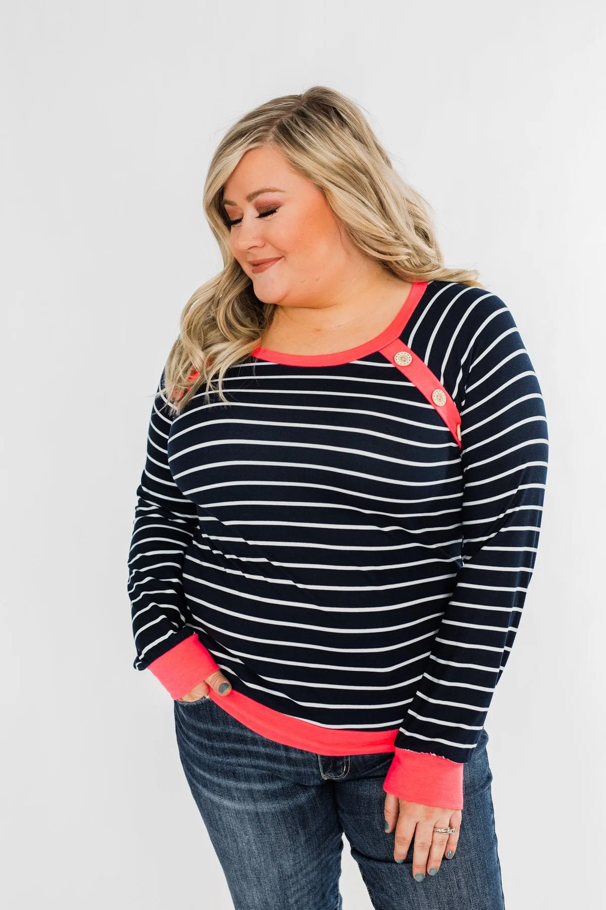 On Top Of The World Striped Top- Navy & Neon Pink