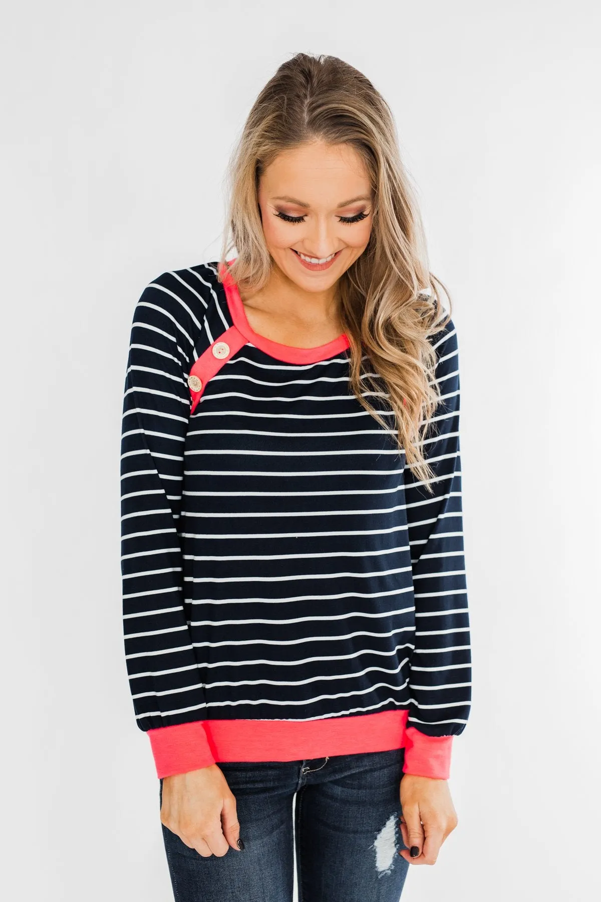 On Top Of The World Striped Top- Navy & Neon Pink