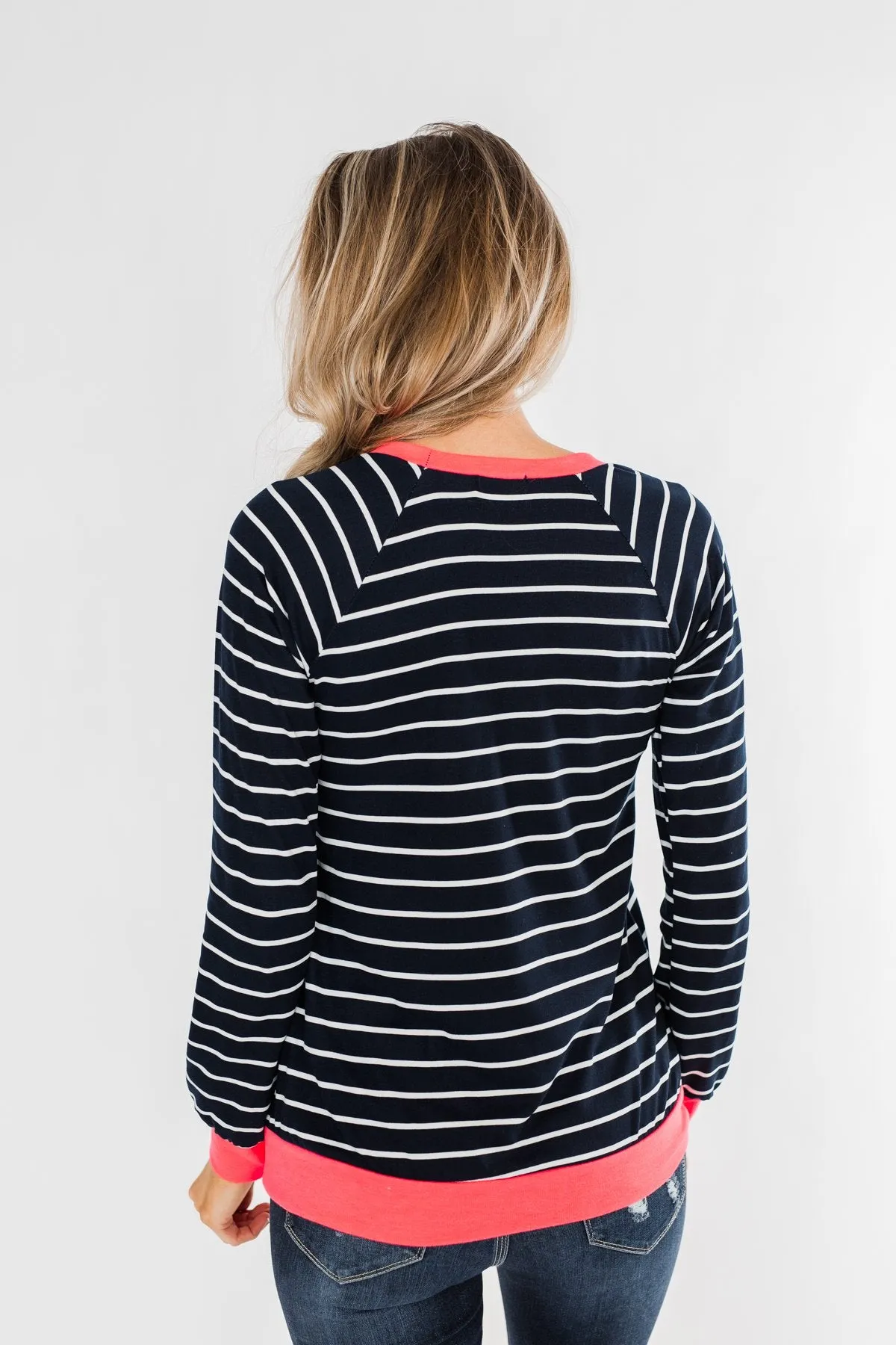 On Top Of The World Striped Top- Navy & Neon Pink