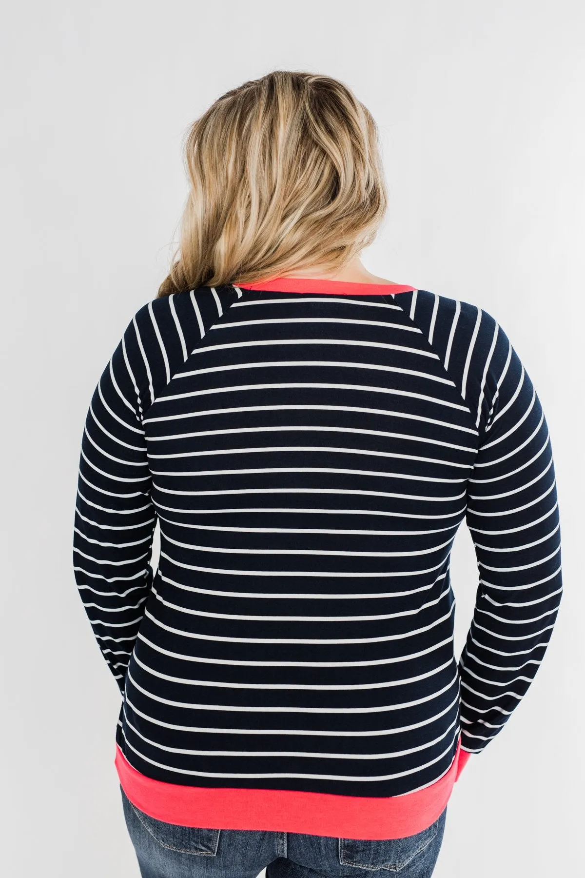 On Top Of The World Striped Top- Navy & Neon Pink