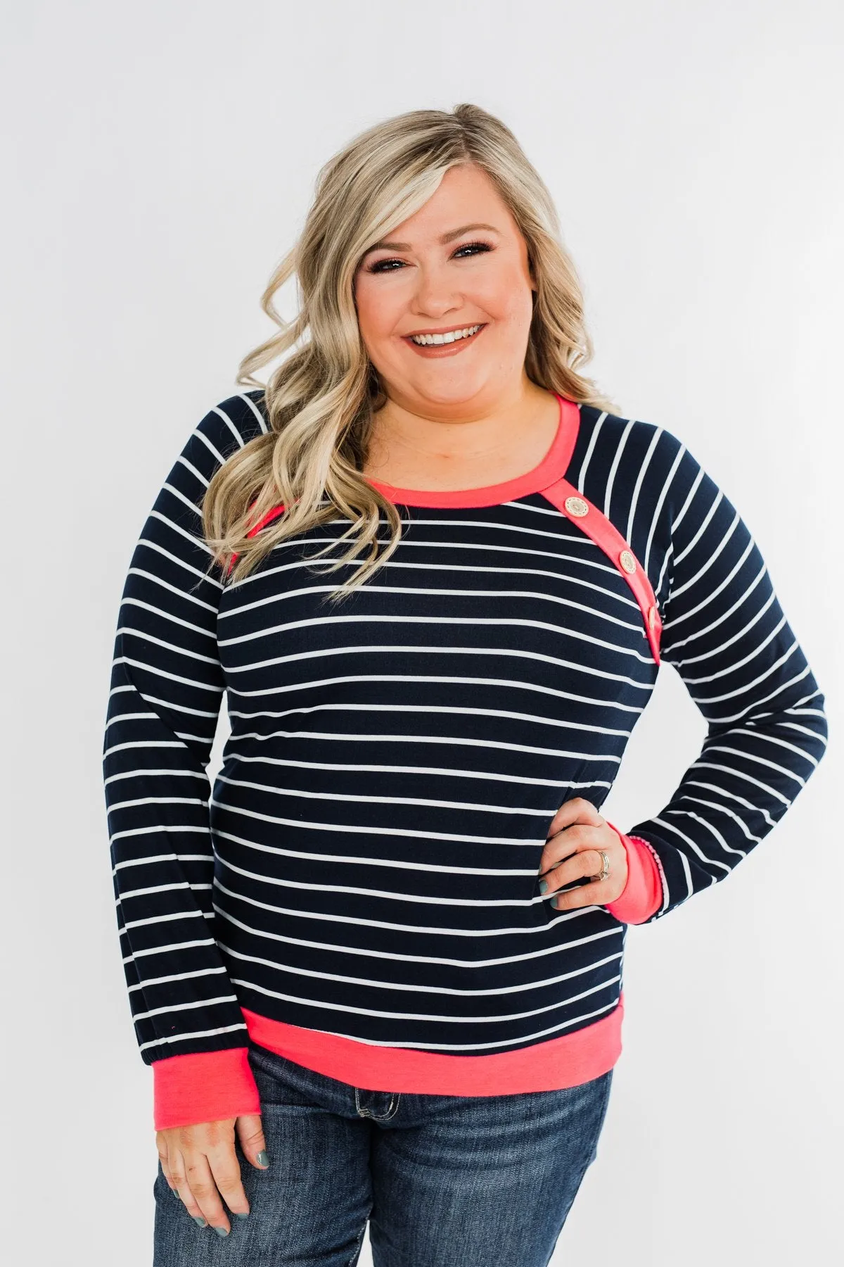On Top Of The World Striped Top- Navy & Neon Pink