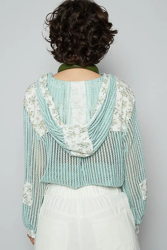 OPEN KNIT FLORAL BLOCK RAW EDGED HOODIE TOP