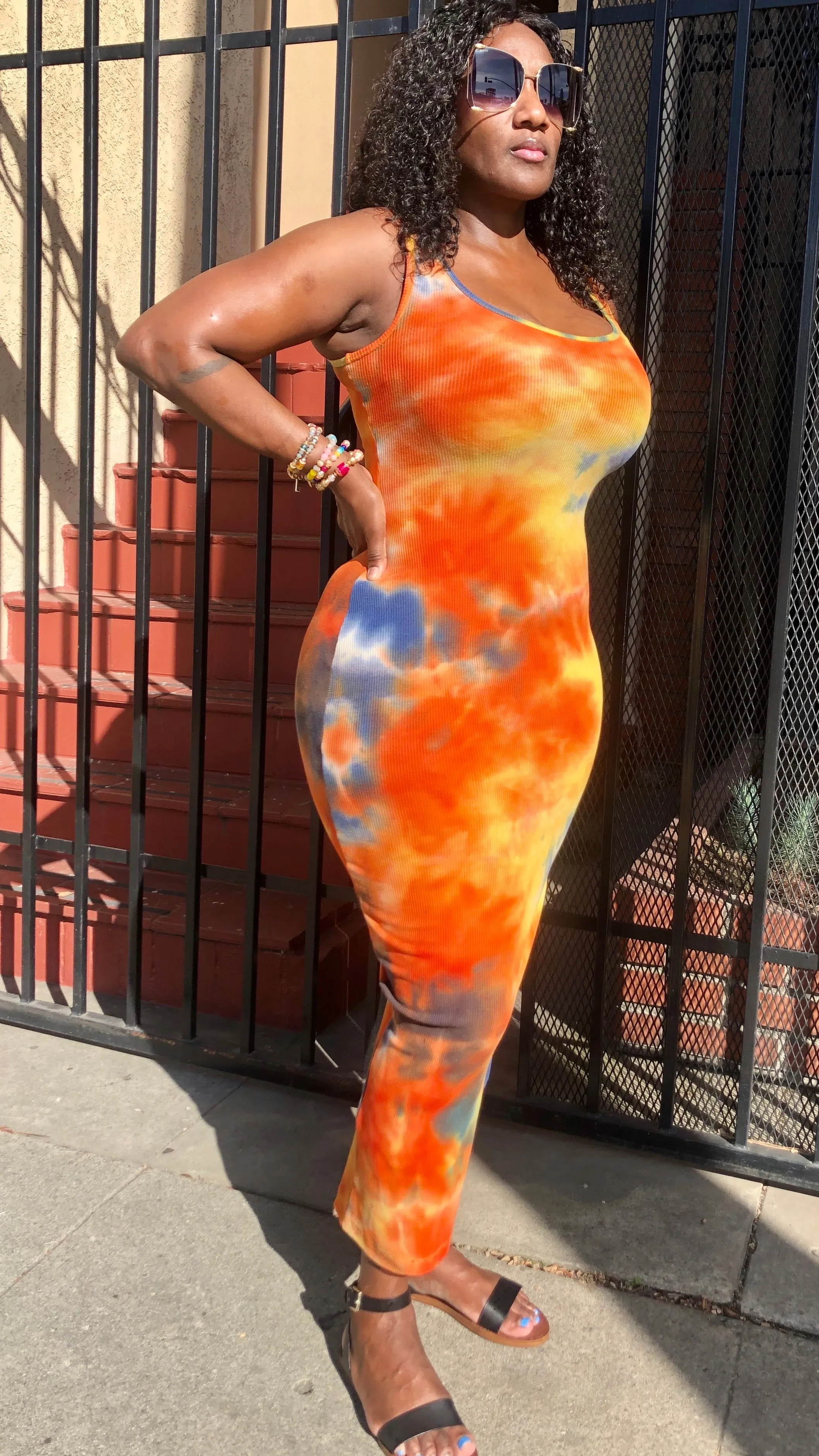 Orange Burst Ribbed Tank Dress