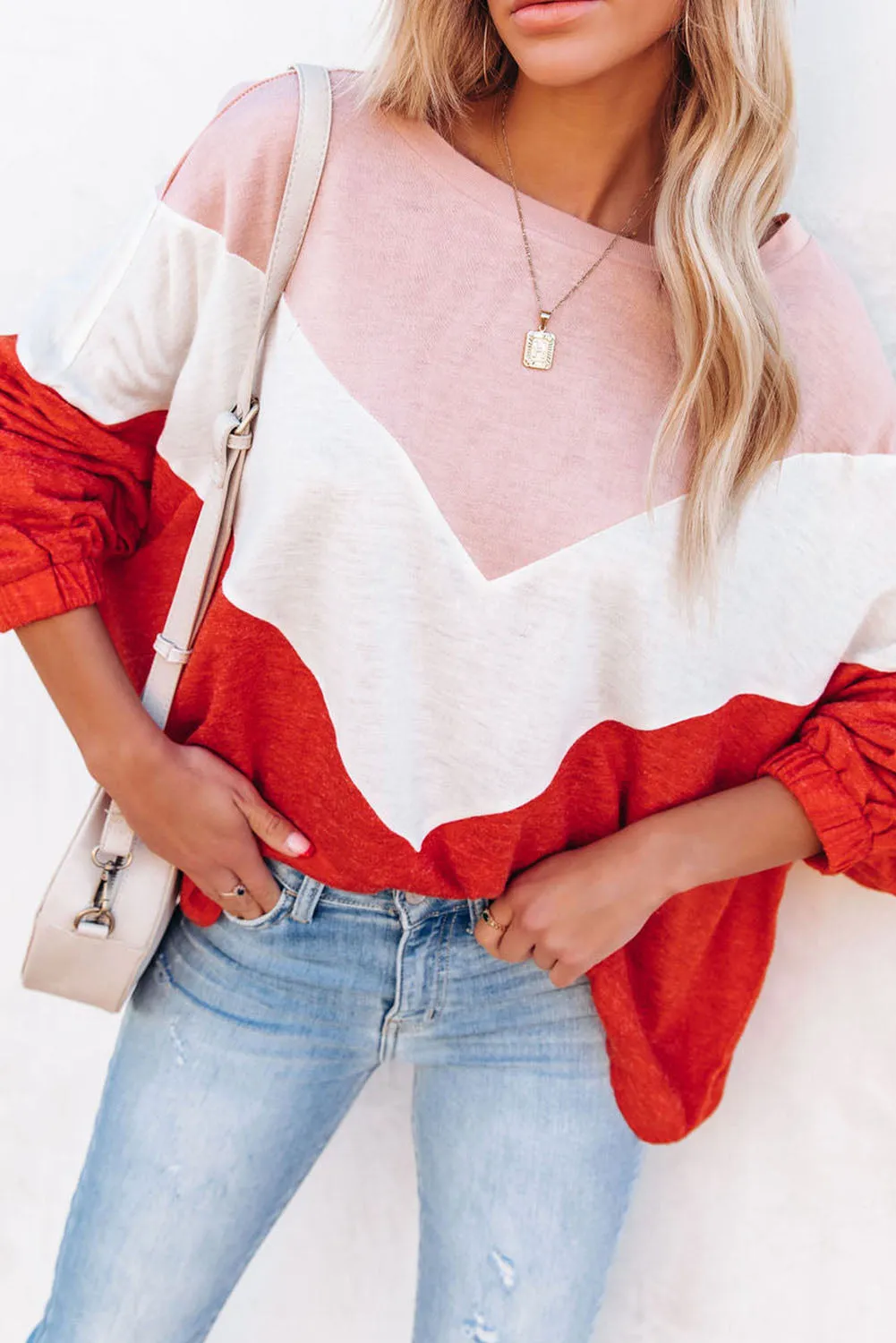 Orange Lightweight Chevron Knit Dolman Sleeve Top