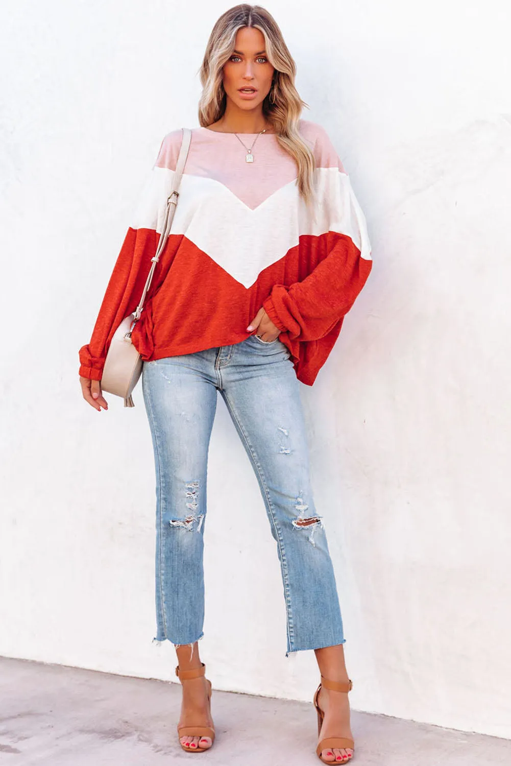 Orange Lightweight Chevron Knit Dolman Sleeve Top
