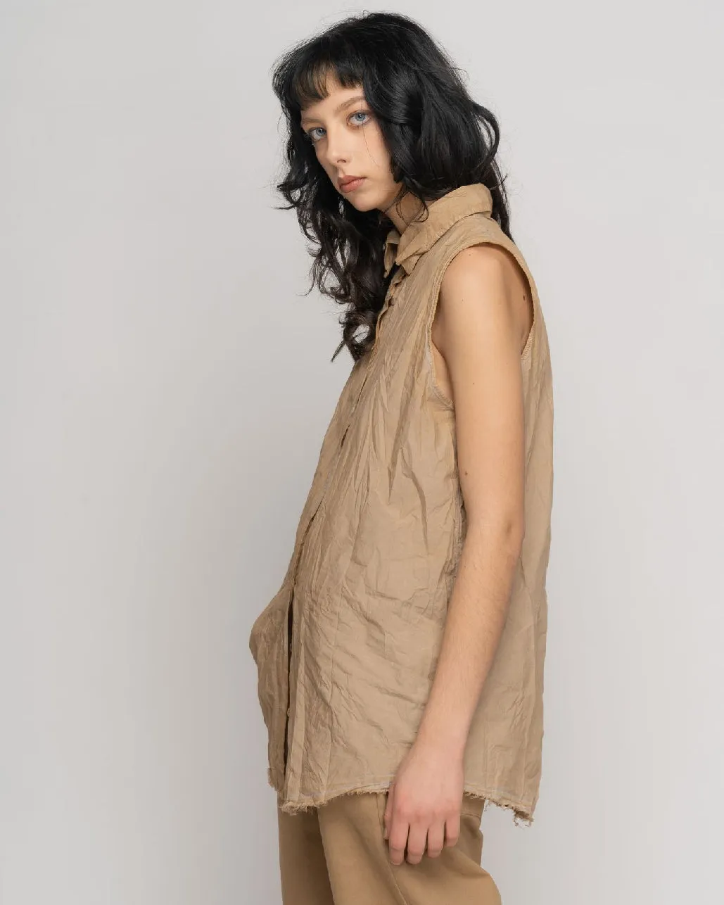 Organic Cotton Washed Button Up Crinkle Sleevless Shirt
