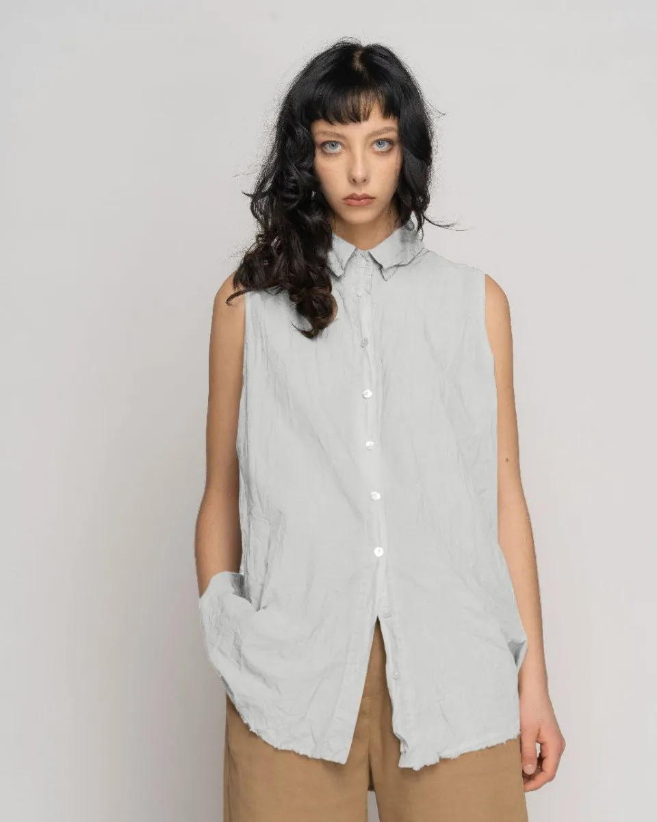 Organic Cotton Washed Button Up Crinkle Sleevless Shirt