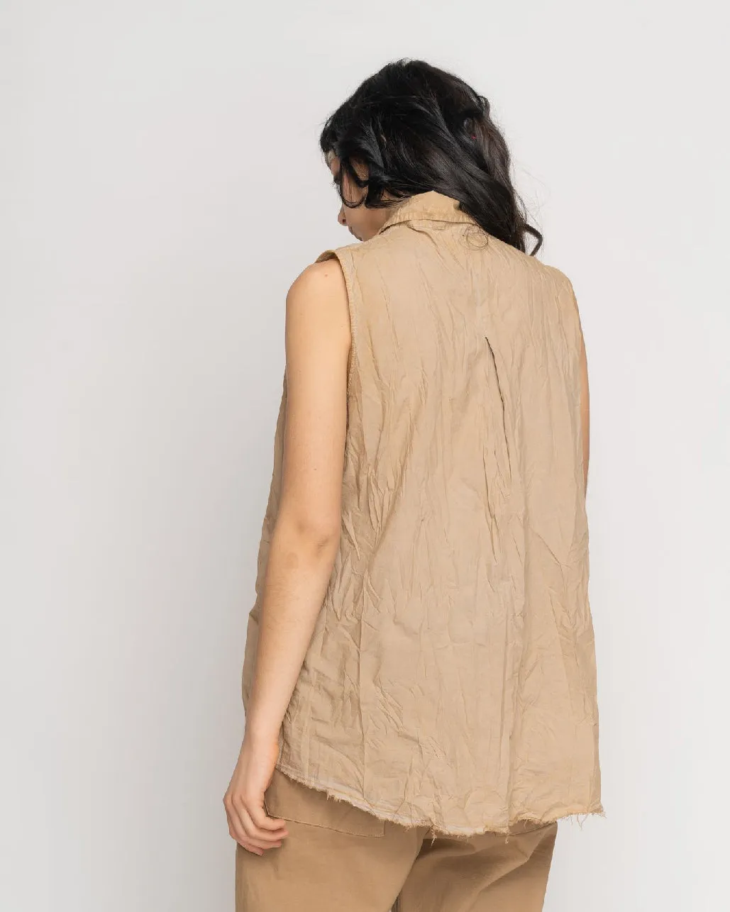 Organic Cotton Washed Button Up Crinkle Sleevless Shirt