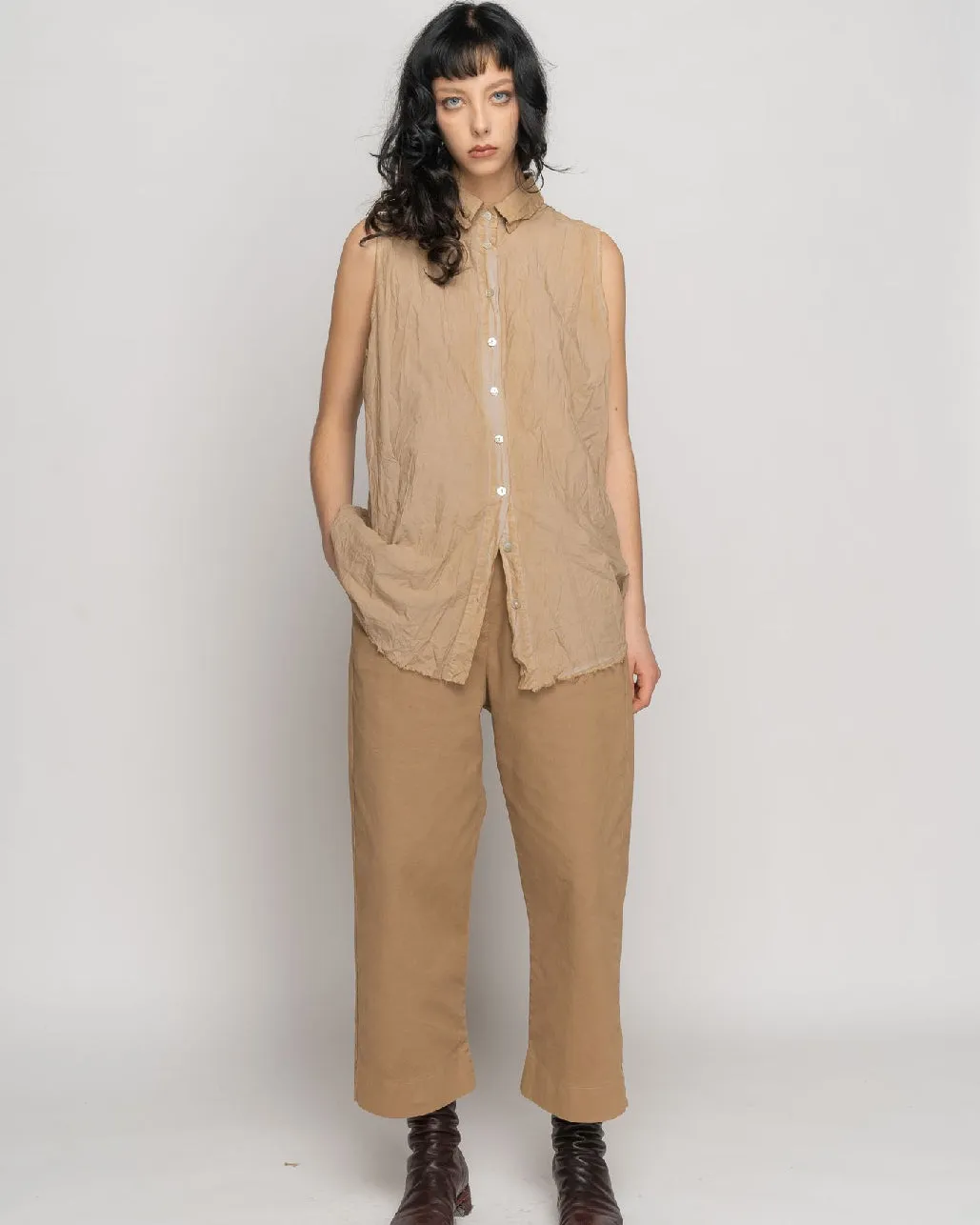 Organic Cotton Washed Button Up Crinkle Sleevless Shirt