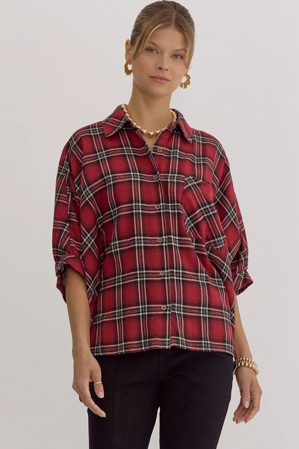 Oversize Plaid Button Down Half Sleeve Top