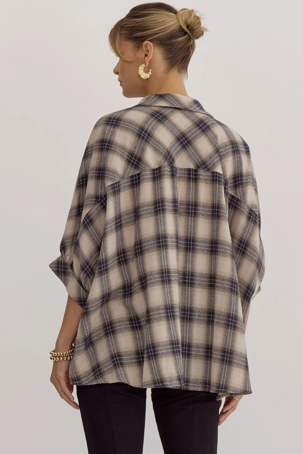 Oversize Plaid Button Down Half Sleeve Top