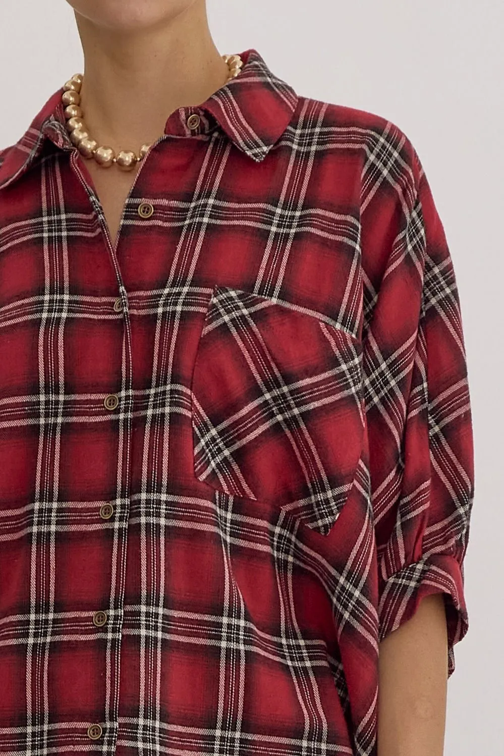 Oversize Plaid Button Down Half Sleeve Top