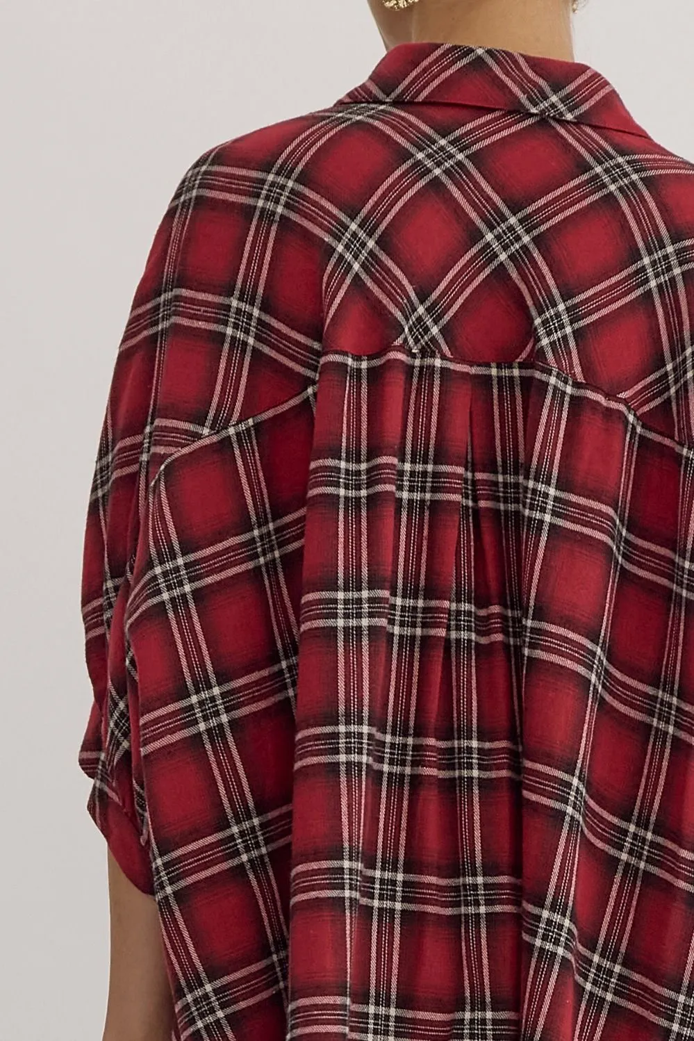 Oversize Plaid Button Down Half Sleeve Top