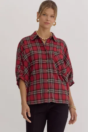 Oversize Plaid Button Down Half Sleeve Top