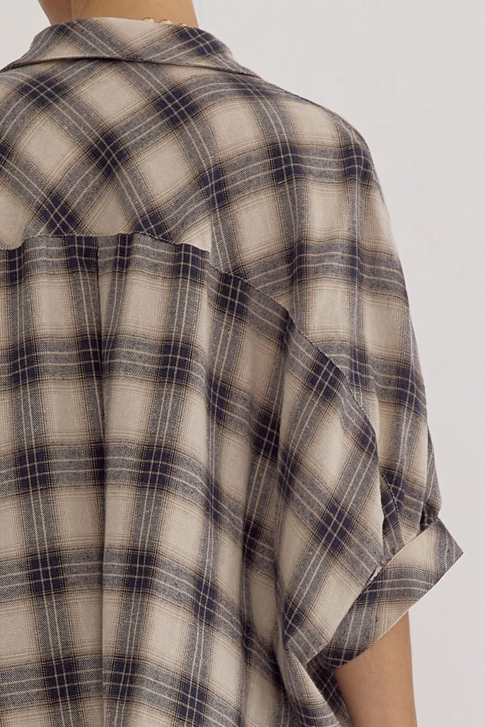 Oversize Plaid Button Down Half Sleeve Top