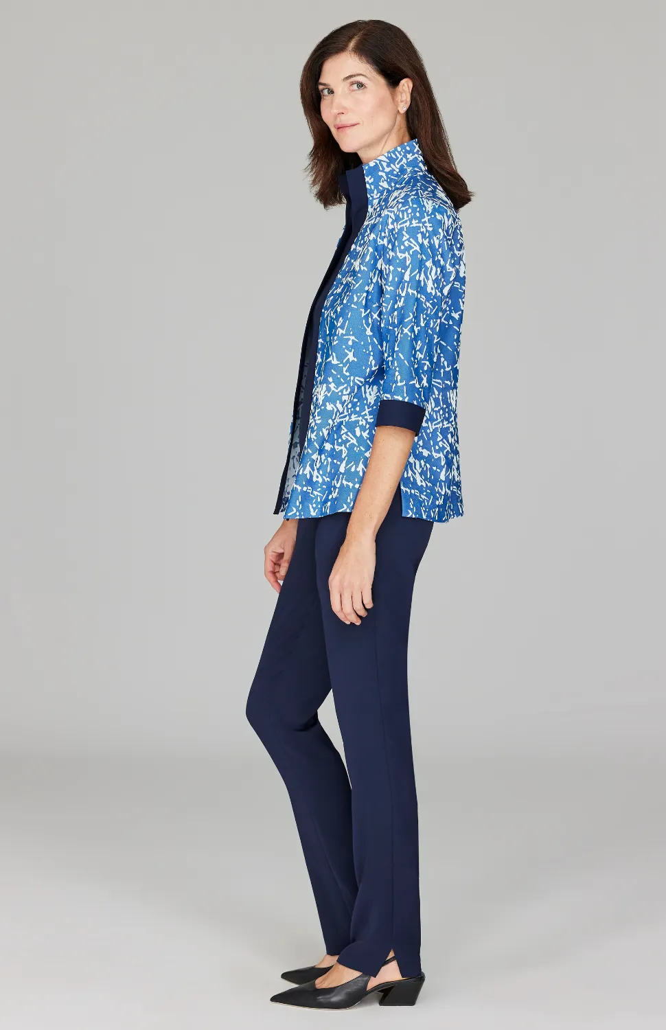 Paintbrush Stretch Jacquard Open Front High Neck Shirt Jacket