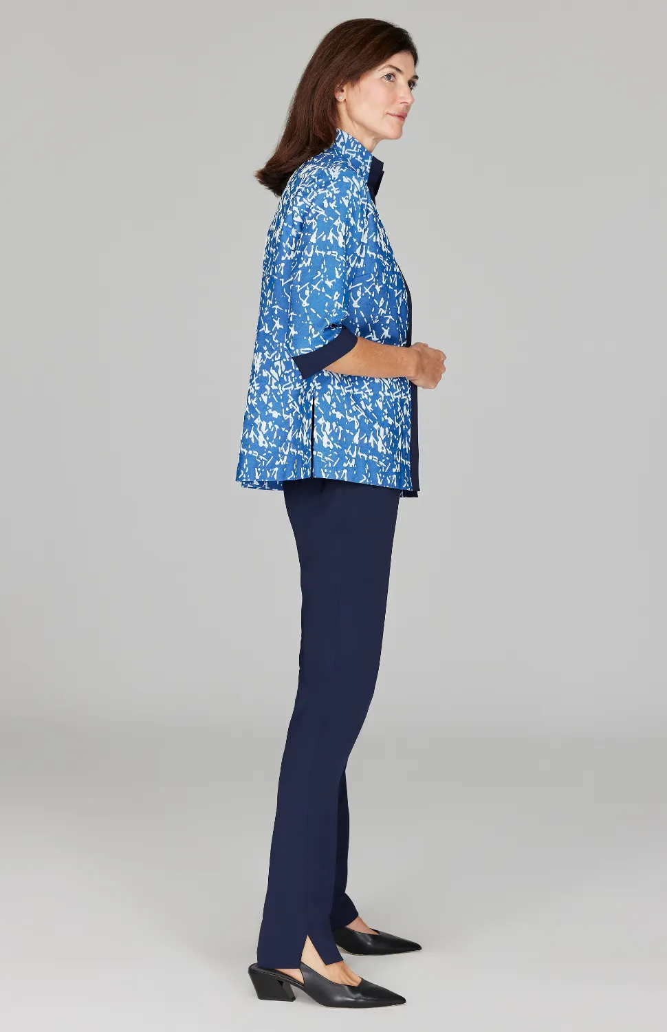 Paintbrush Stretch Jacquard Open Front High Neck Shirt Jacket