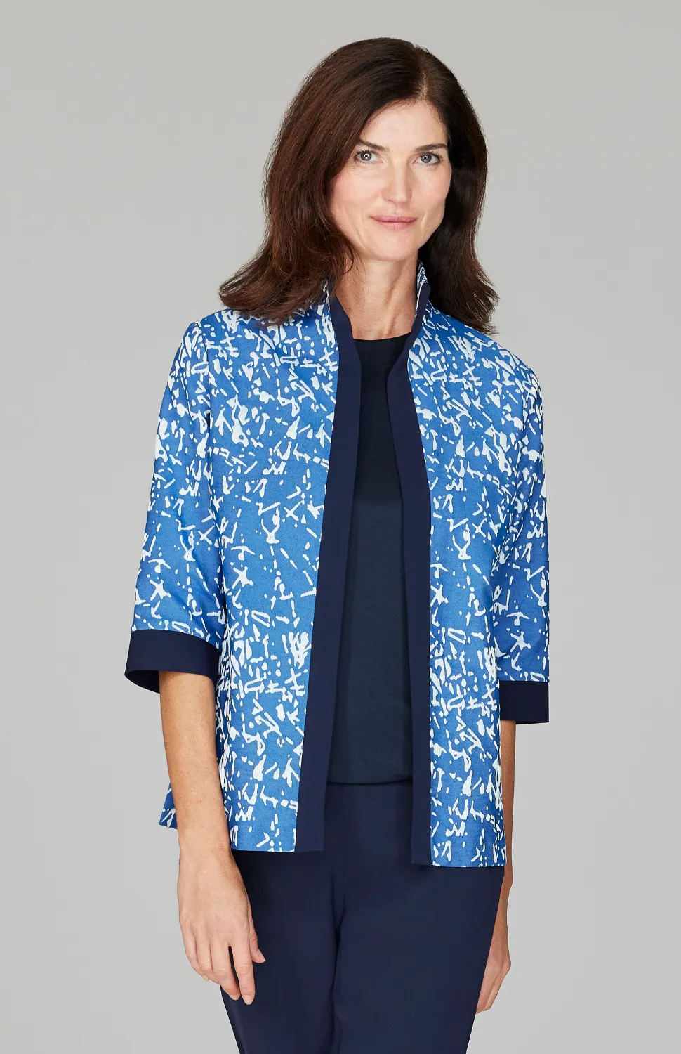 Paintbrush Stretch Jacquard Open Front High Neck Shirt Jacket