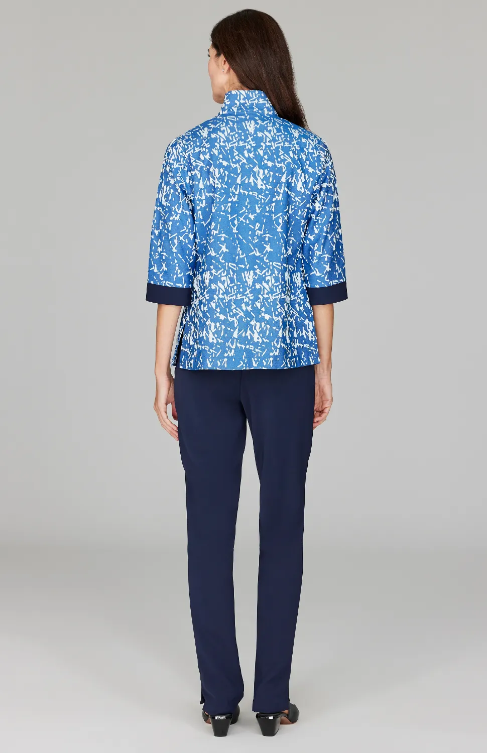 Paintbrush Stretch Jacquard Open Front High Neck Shirt Jacket