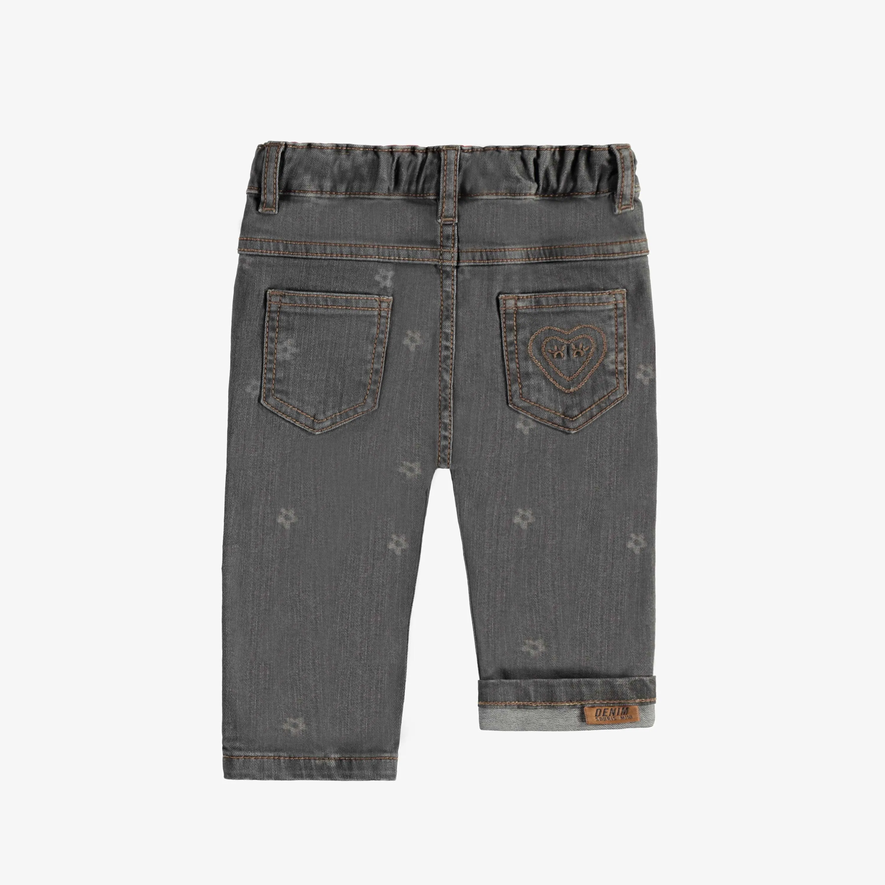 Pantalon coupe étroite en denim extensible, gris foncé avec motif fleuri, bébé || Dark gray denim pants with repeated flower prints, slim fit, baby 